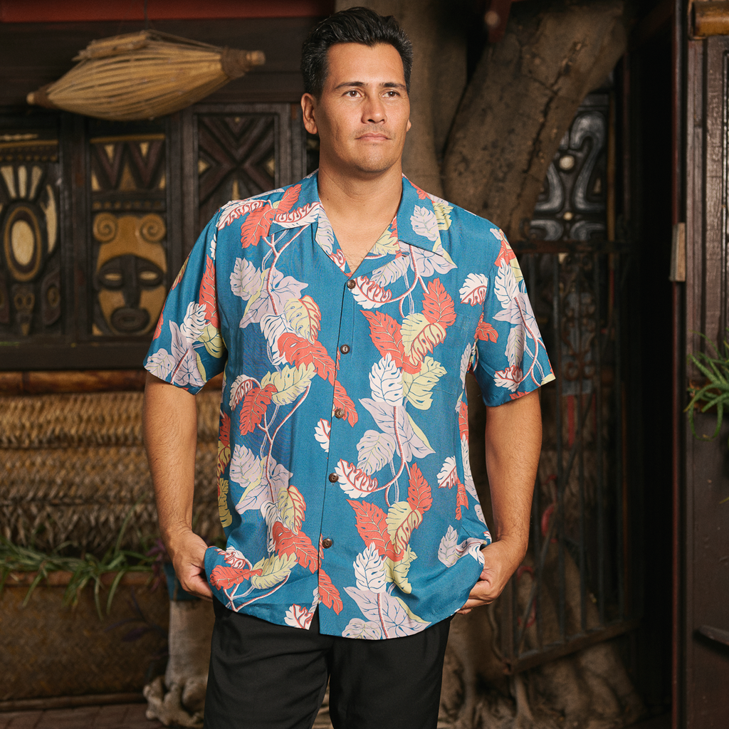 Men's Monstera Border Rayon Fujiette Aloha Shirt - Teal – AVANTI