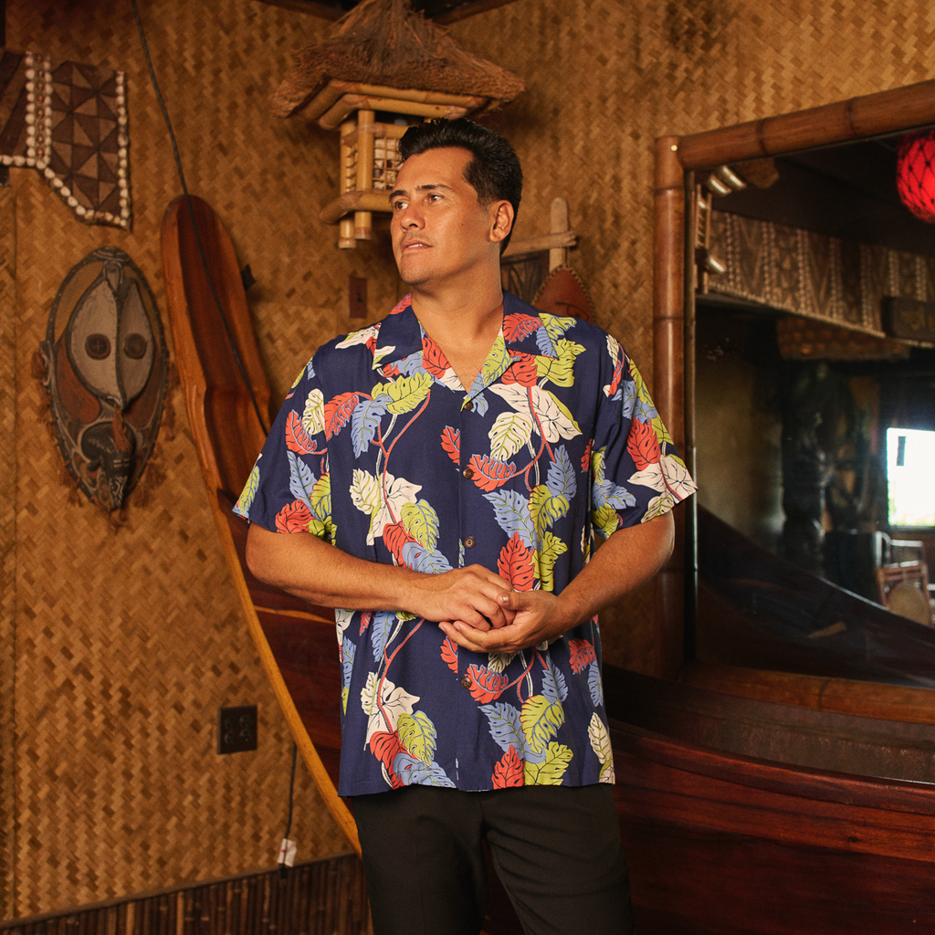 Men's Monstera Border Rayon Fujiette Aloha Shirt - Navy – AVANTI
