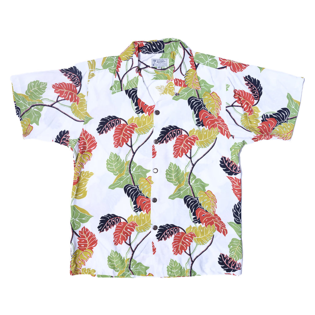 Men's Monstera Border Rayon Fujiette Aloha Shirt - White