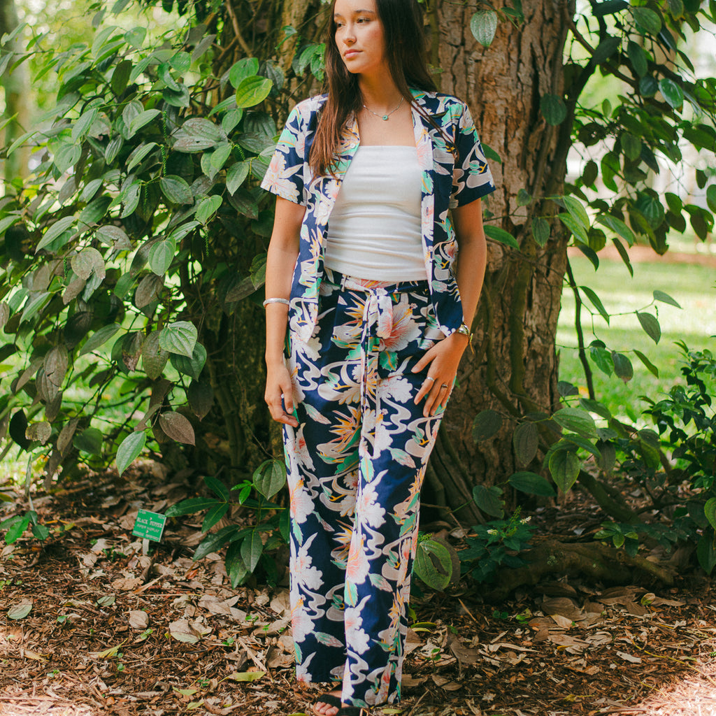 Women's Tropical Flow Elastic Waist Bow Tie Pants - Navy