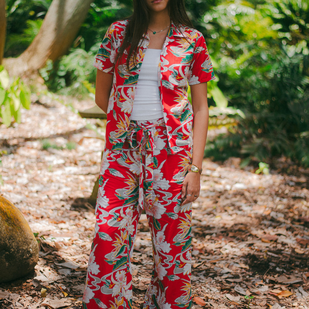 Women's Tropical Flow Elastic Waist Bow Tie Pants - Red