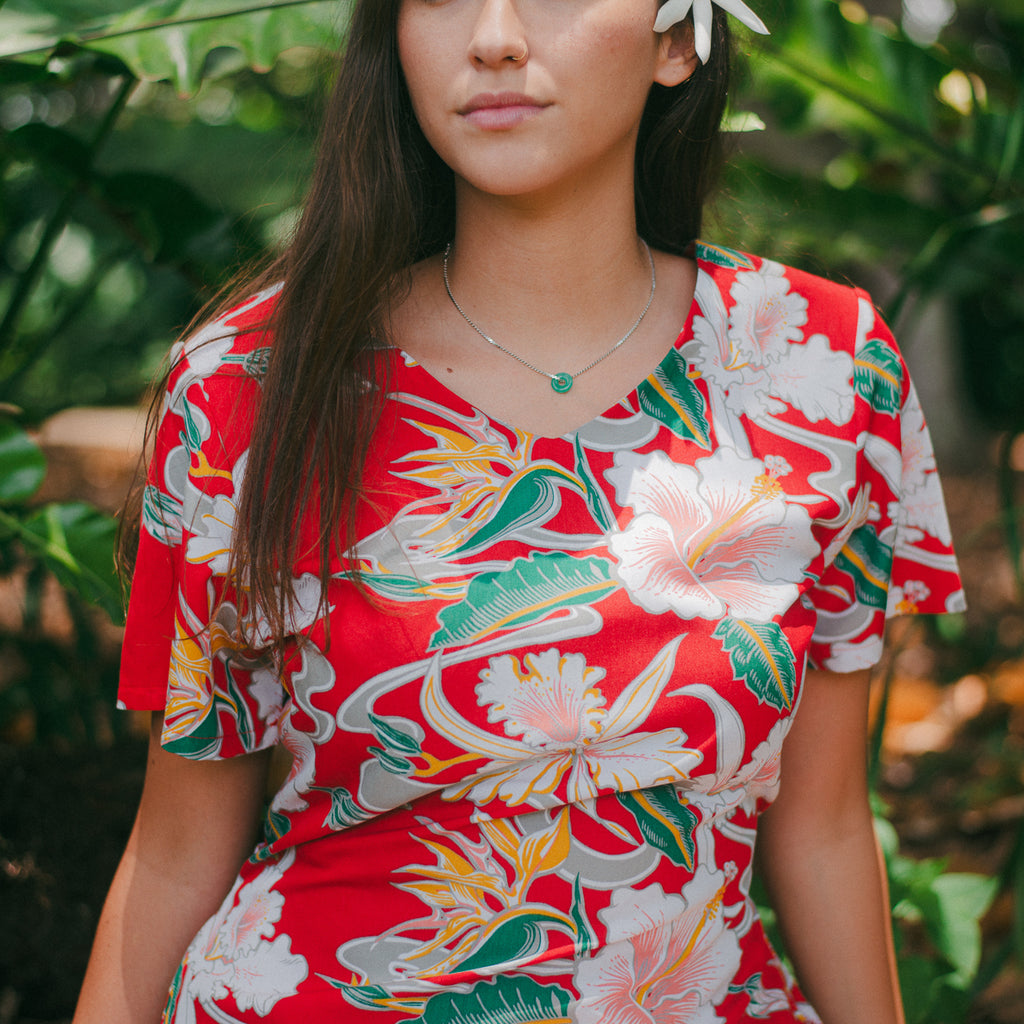 Women's Tropical Flow Muumuu Waist Tie Dress - Red