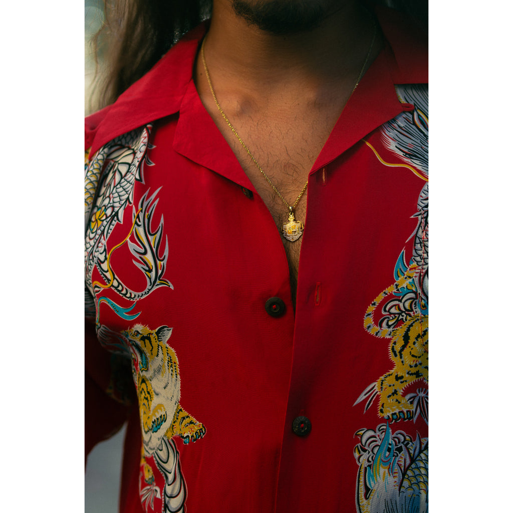 Men's Dragon & Tiger Hawaiian Shirt - Red