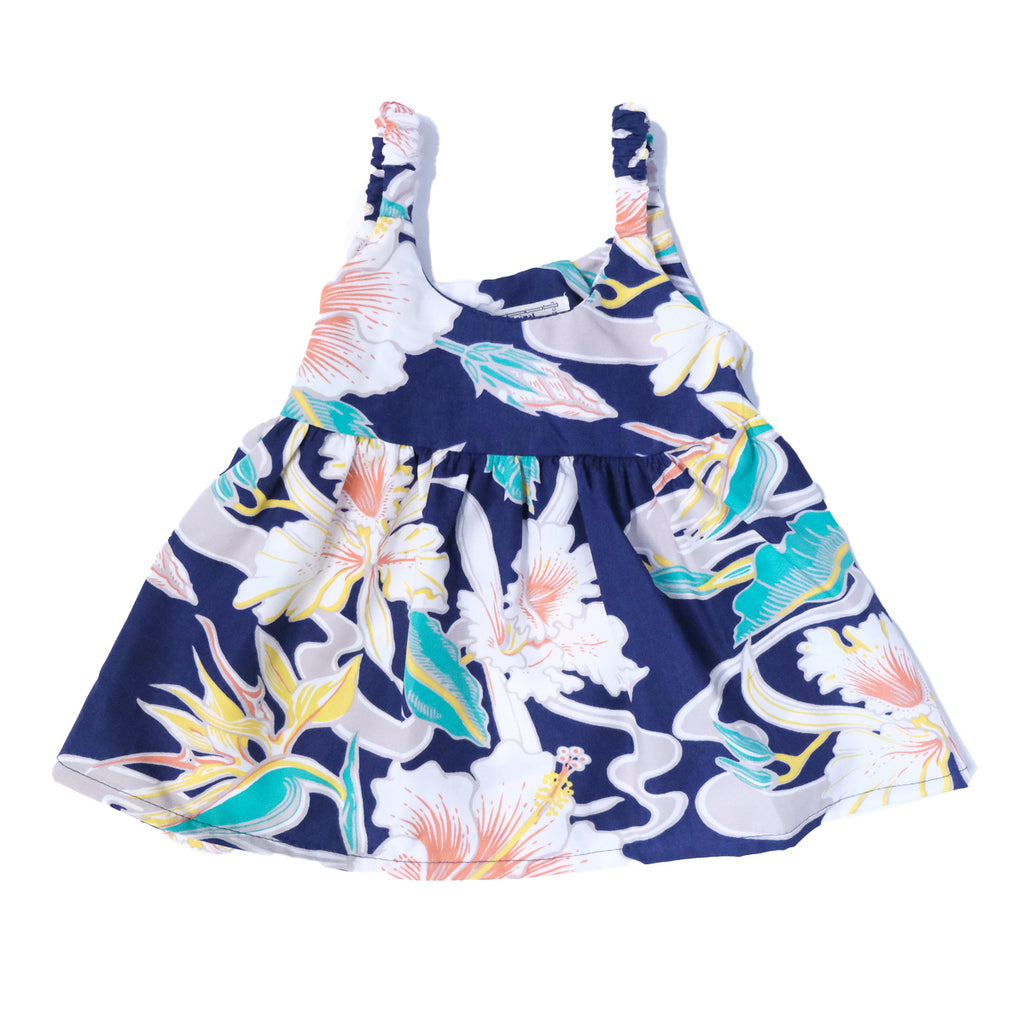 Tropical Flow Girl's Elastic Strap Dress - Navy