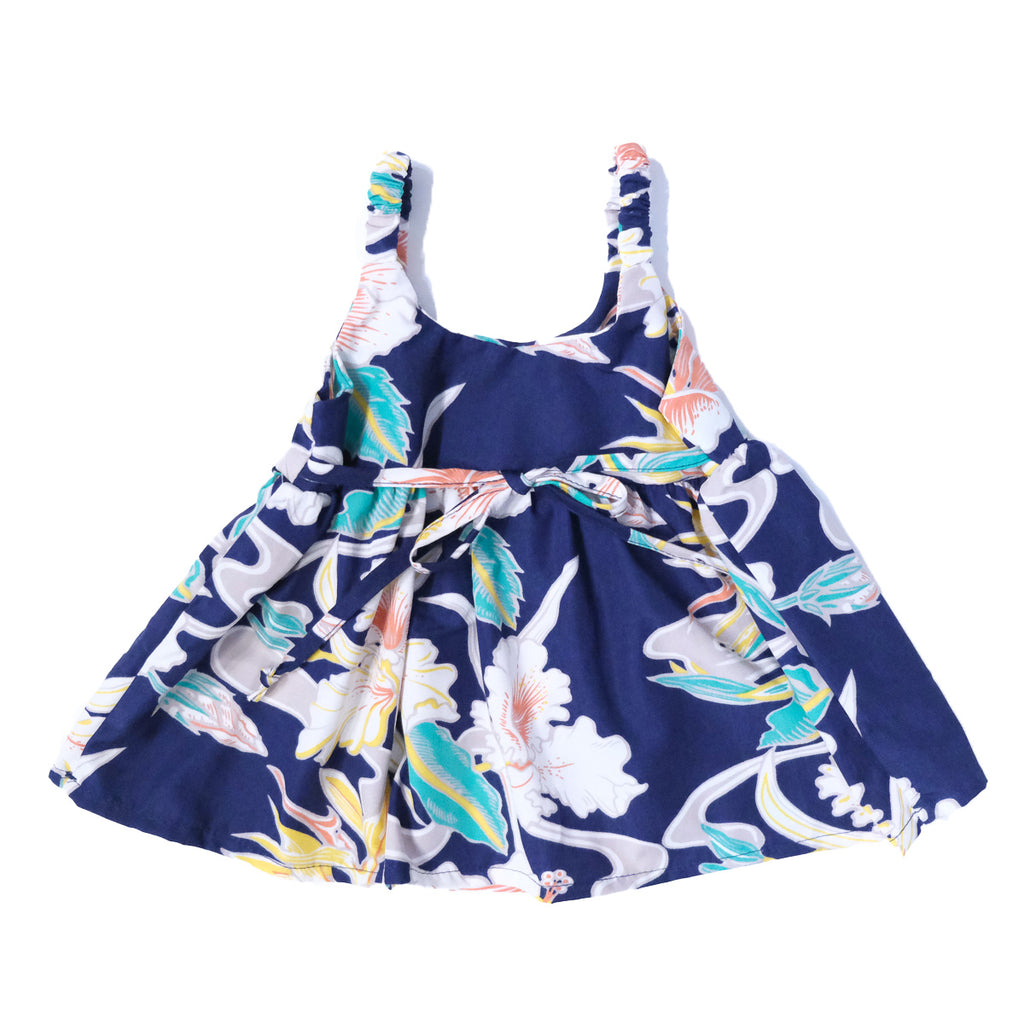 Tropical Flow Girl's Elastic Strap Dress - Navy