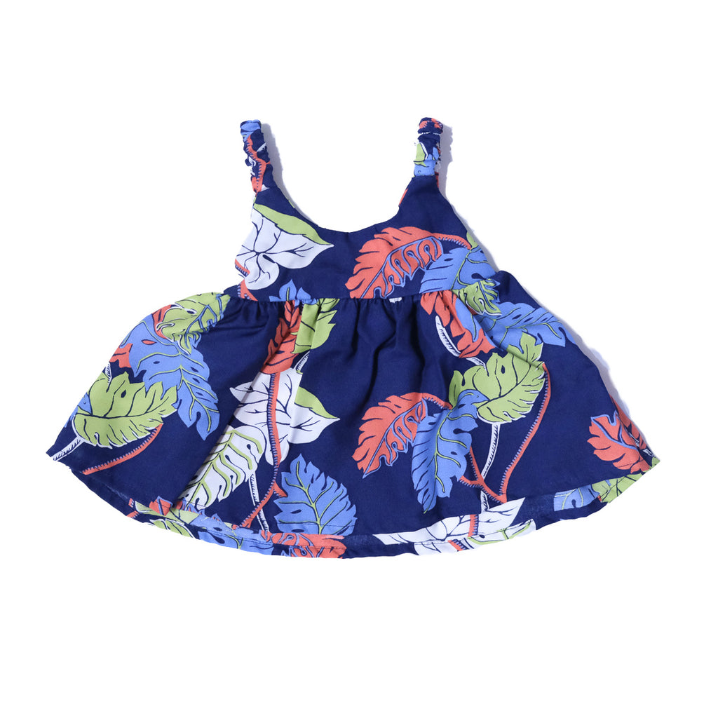 Girl's Monstera Border Hawaiian Elastic Strap Sun Dress - Navy