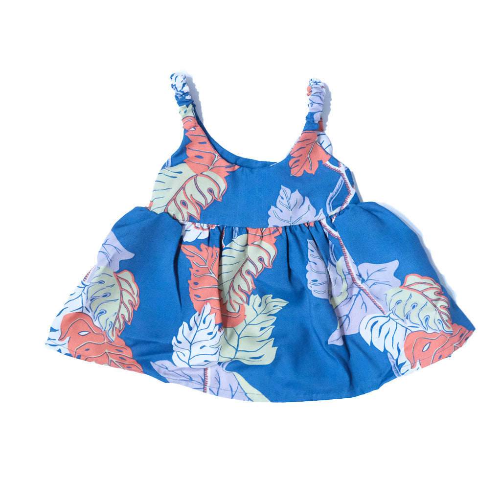 Girl's Monstera Border Hawaiian Elastic Strap Sun Dress - Teal