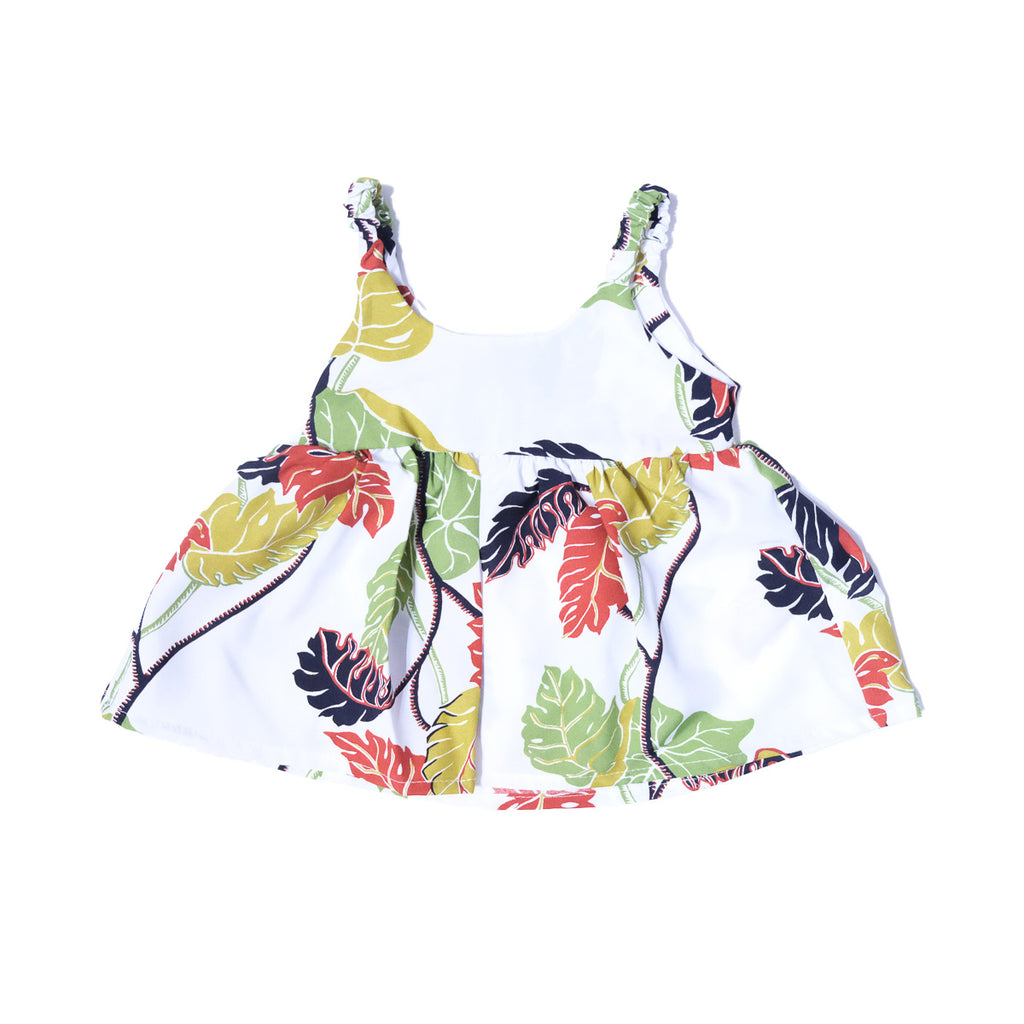 Girl's Monstera Border Hawaiian Elastic Strap Sun Dress - White