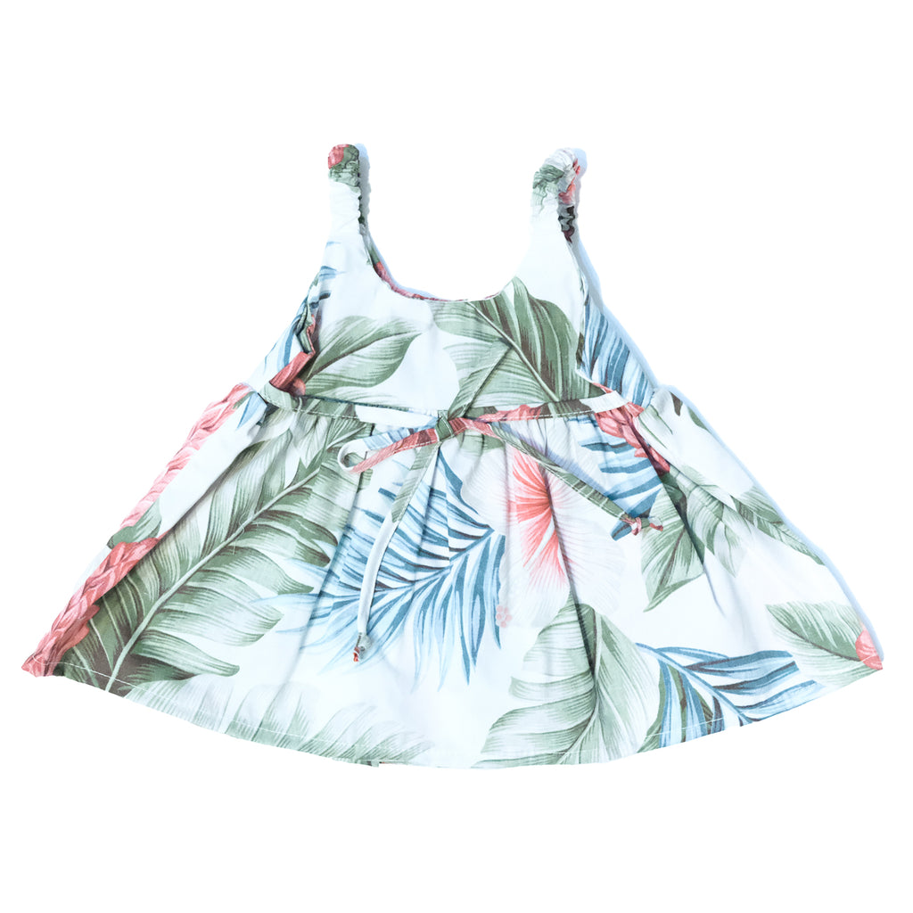 Girl's Botanical Isle Hawaiian Elastic Strap Sun Dress - White