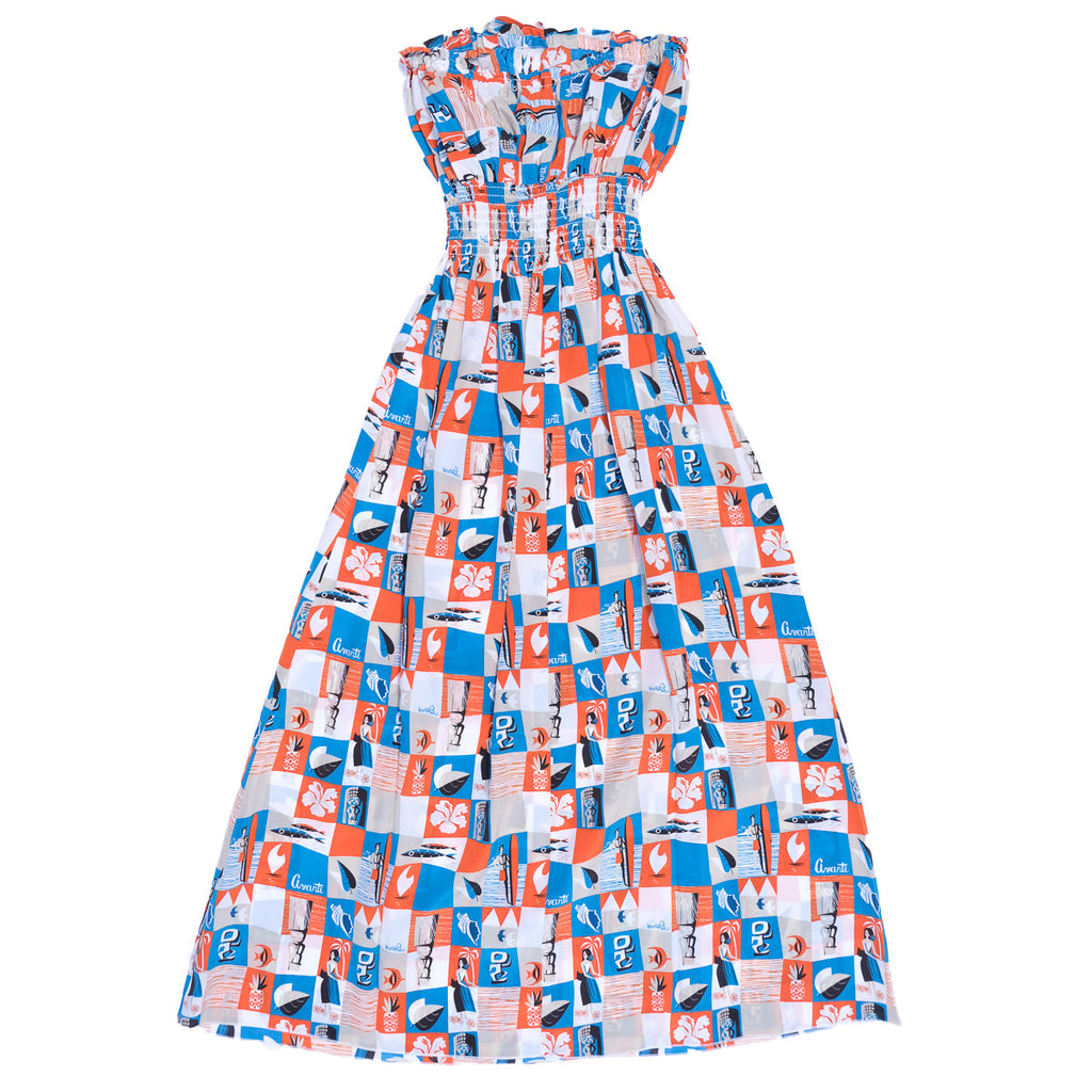 Mookie Sato x Avanti "Fly to Hawaii" Hawaiian Long Halter Dress - White