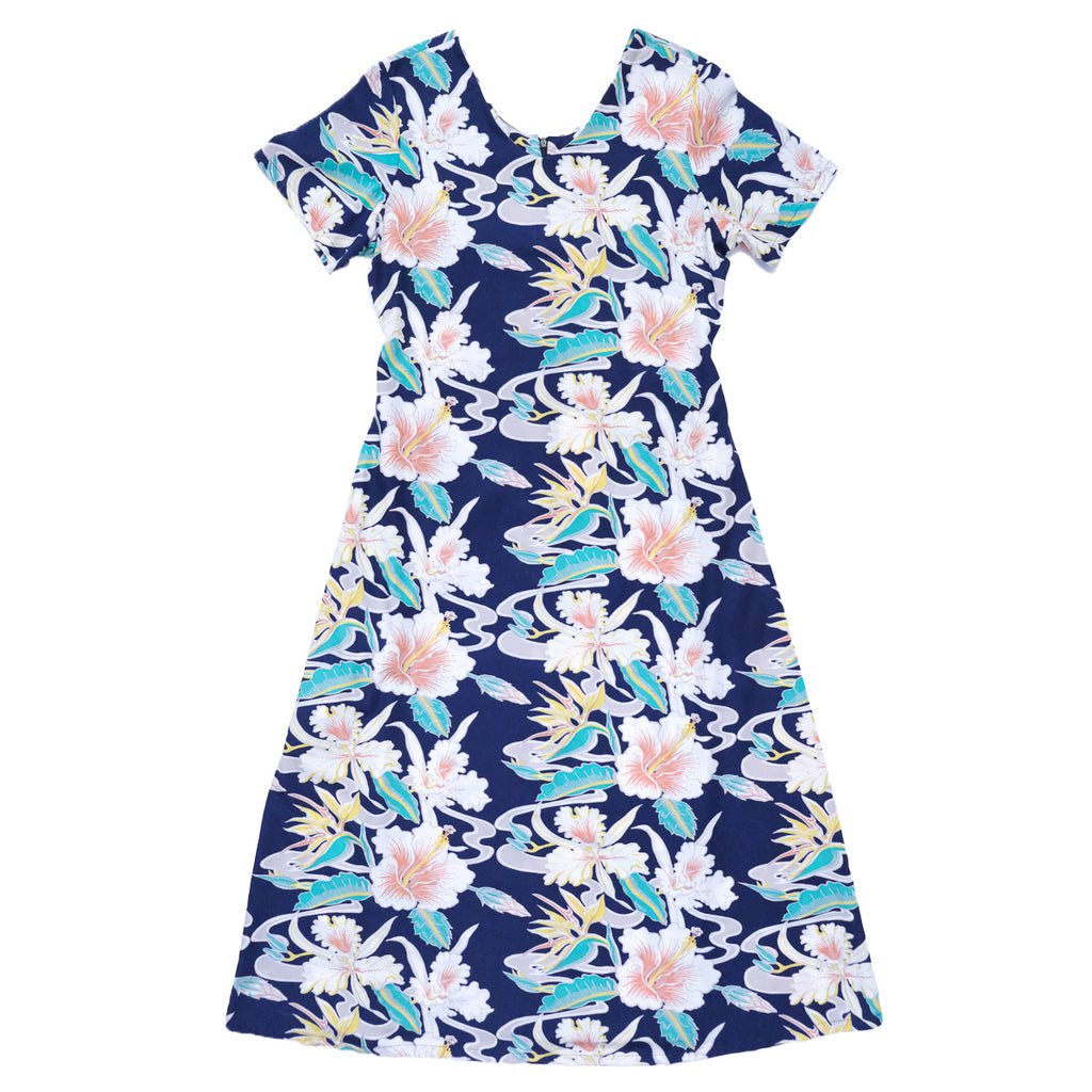 Women's Tropical Flow Muumuu Waist Tie Dress - Navy