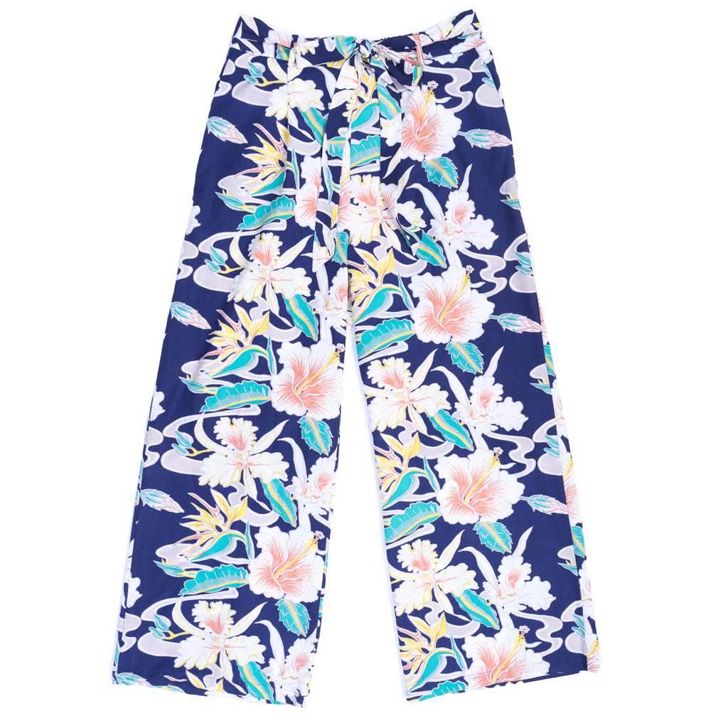 Women's Tropical Flow Elastic Waist Bow Tie Pants - Navy