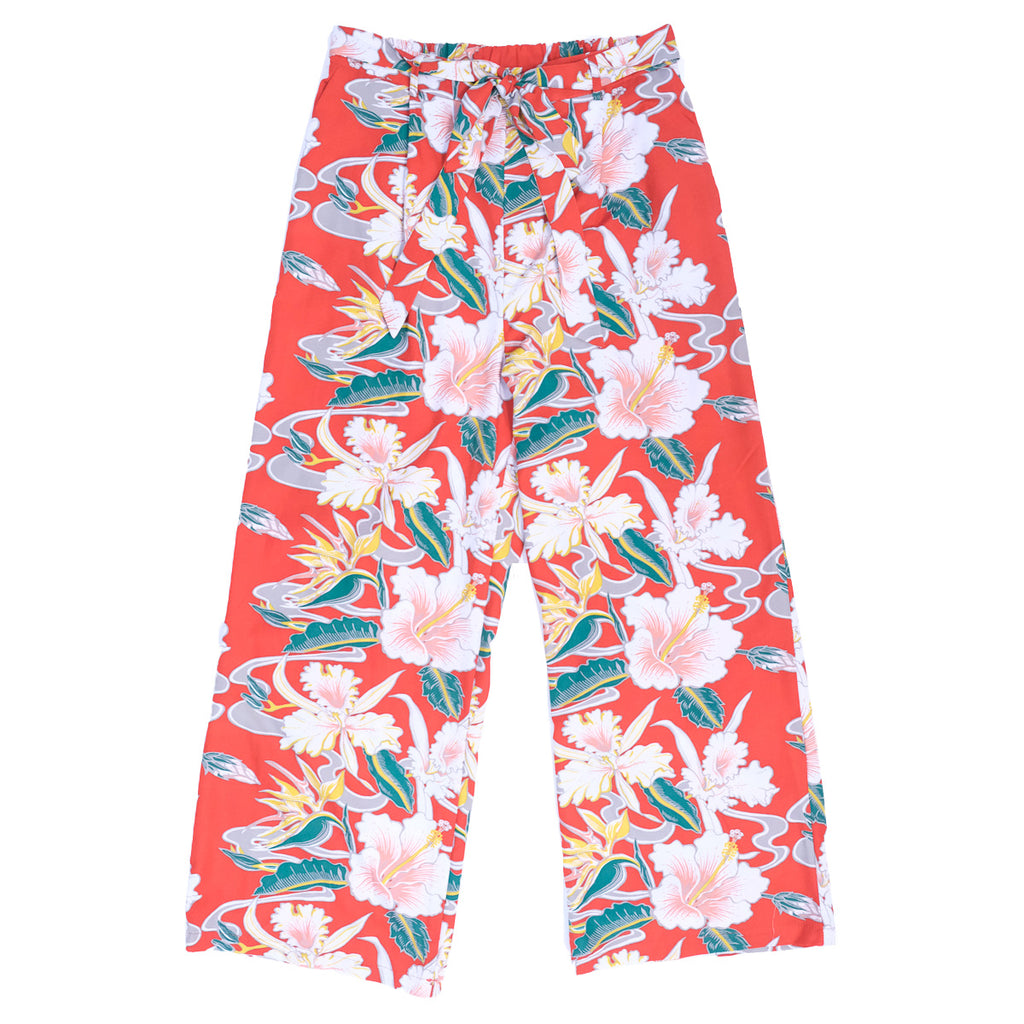 Women's Tropical Flow Elastic Waist Bow Tie Pants - Red