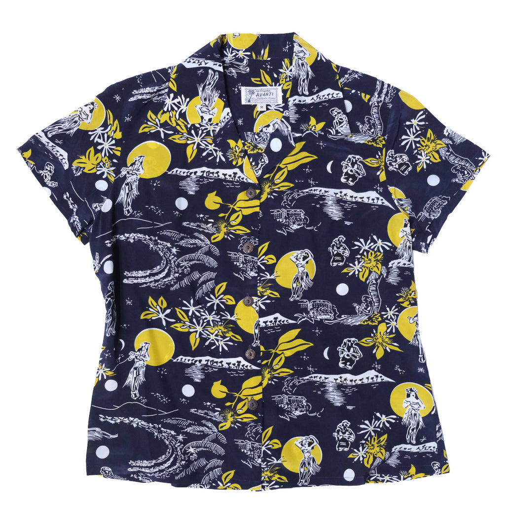 Women's Hula Moon Hawaiian Shirt - Navy