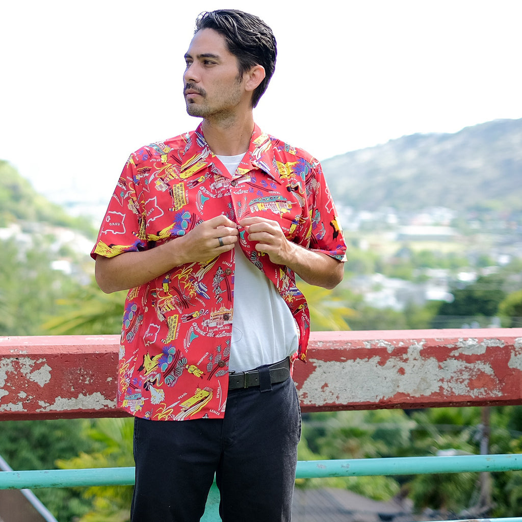 Men's Oahu Scenes Hawaiian Shirt - Red