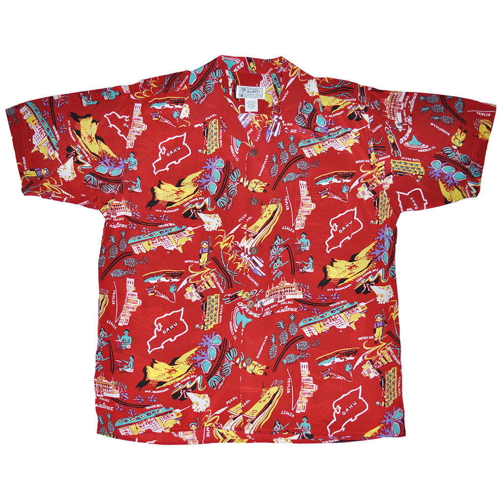 Men's Oahu Scenes Hawaiian Shirt - Red