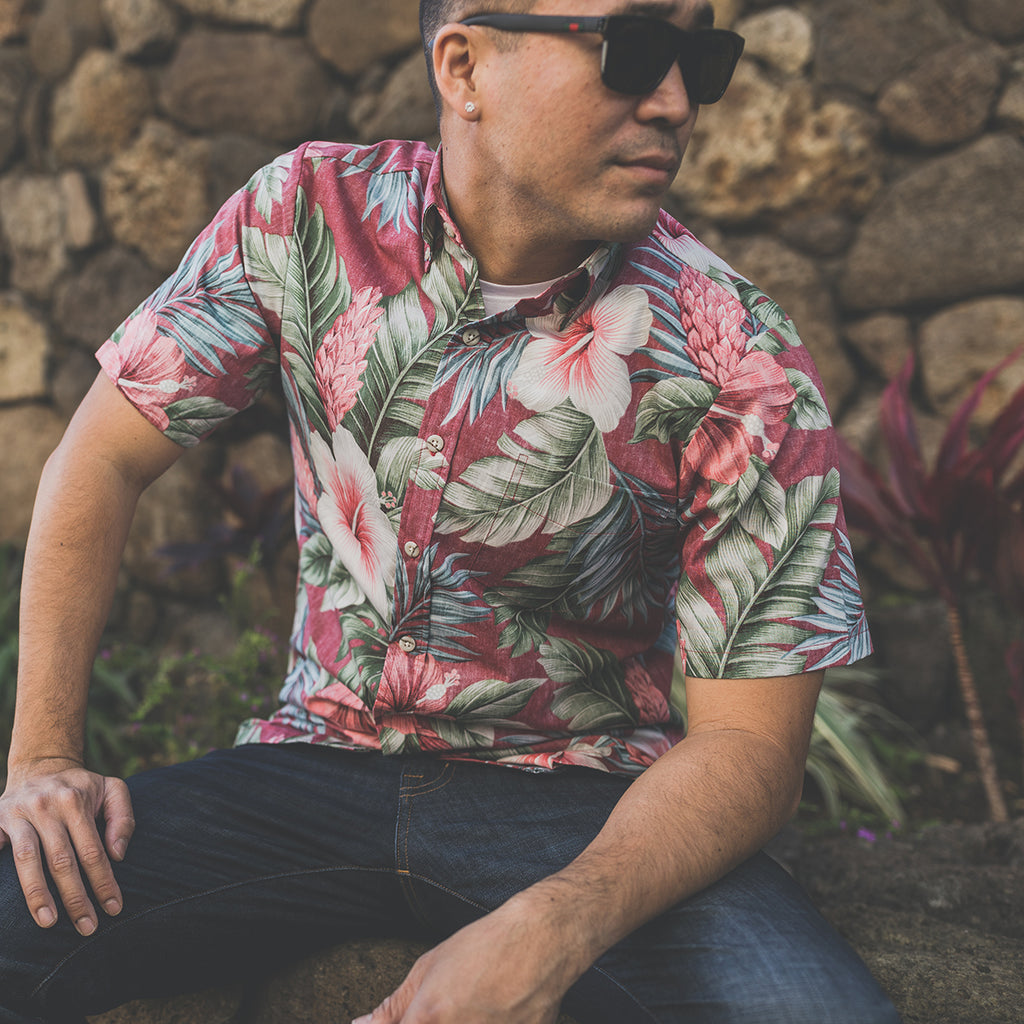 Men's Botanical Isle Aloha Shirt - Bordeaux