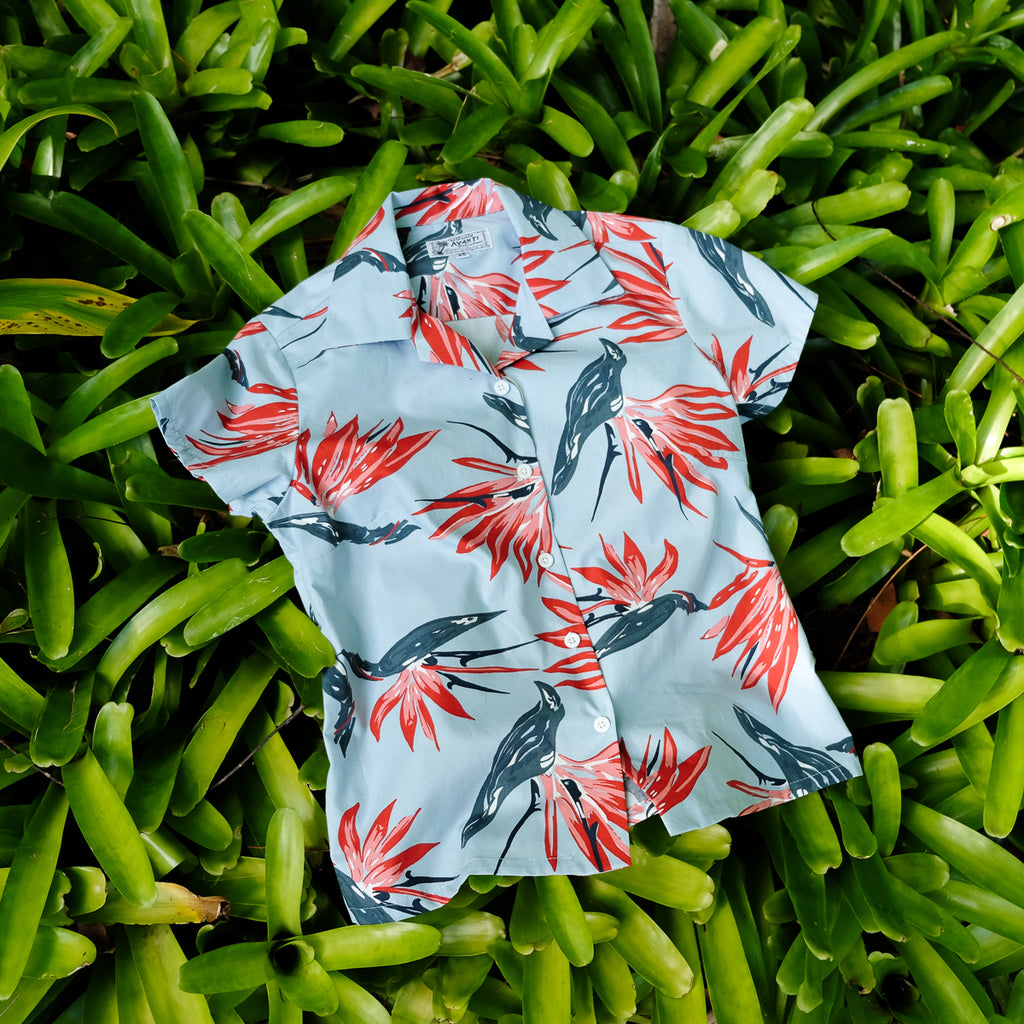 Women's Paradise Sketch Hawaiian Shirt - Sky Blue