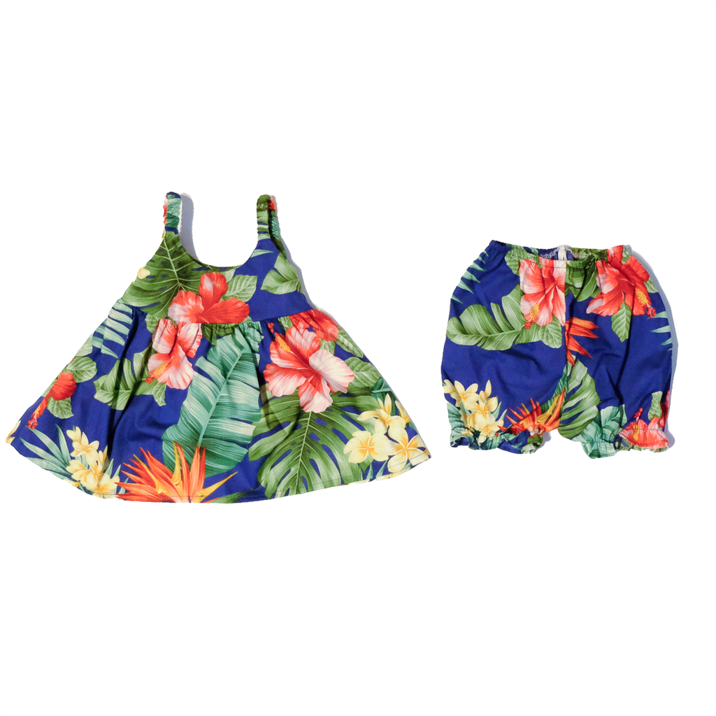 Girl's Tropical Garden Elastic Strap Sun Dress - Navy