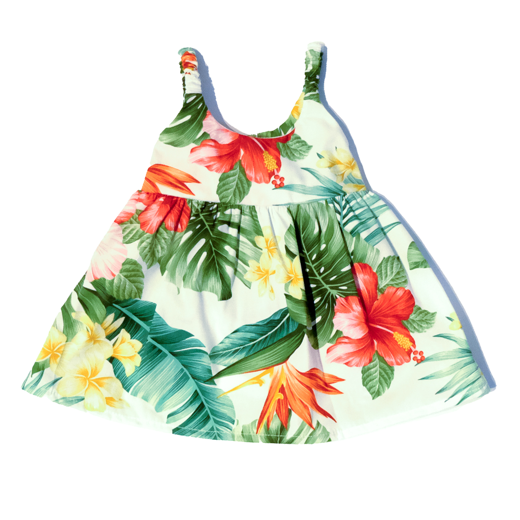 Girl's Tropical Garden Elastic Strap Sun Dress - White