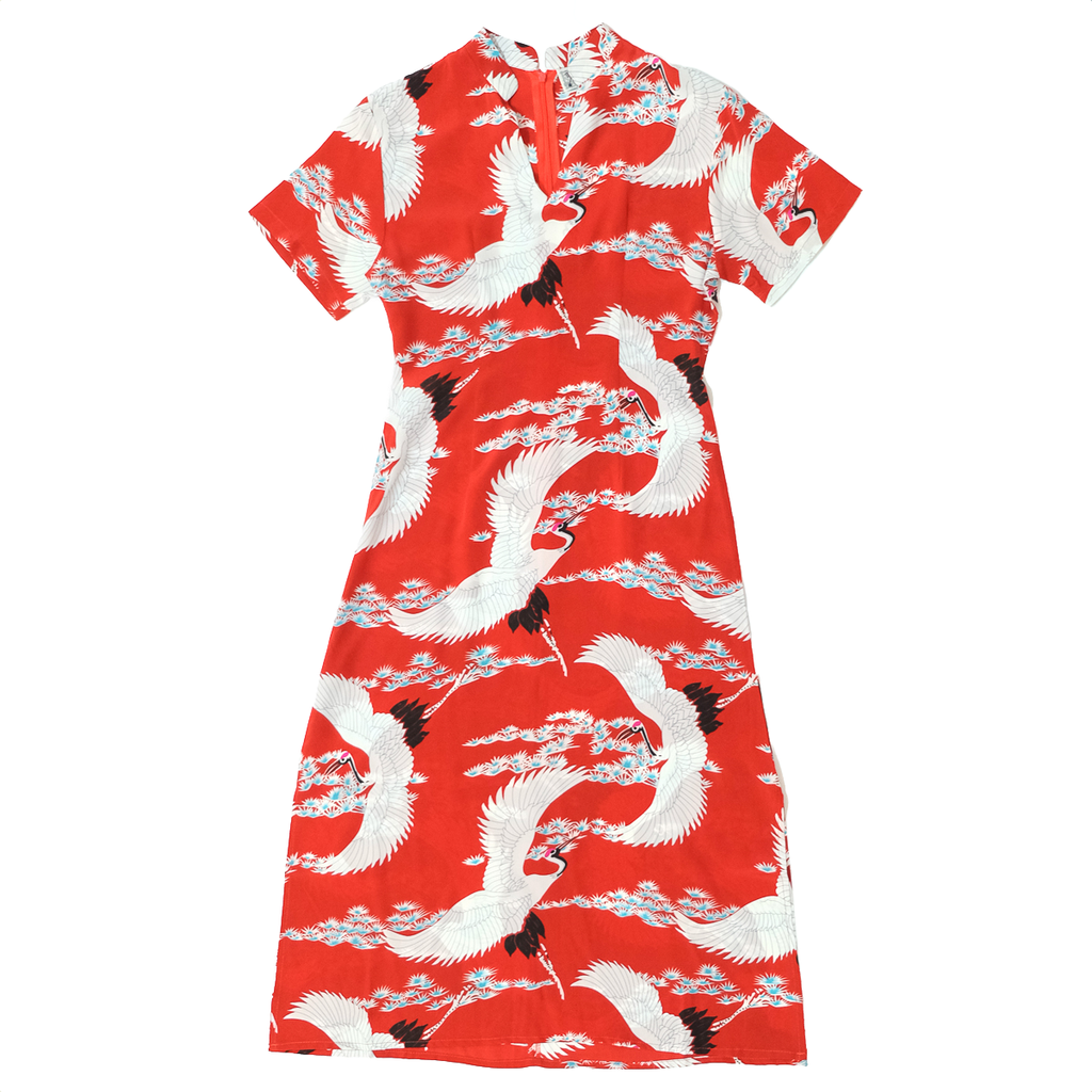 Women's Crane V-Neck Mandarin Dress - Red